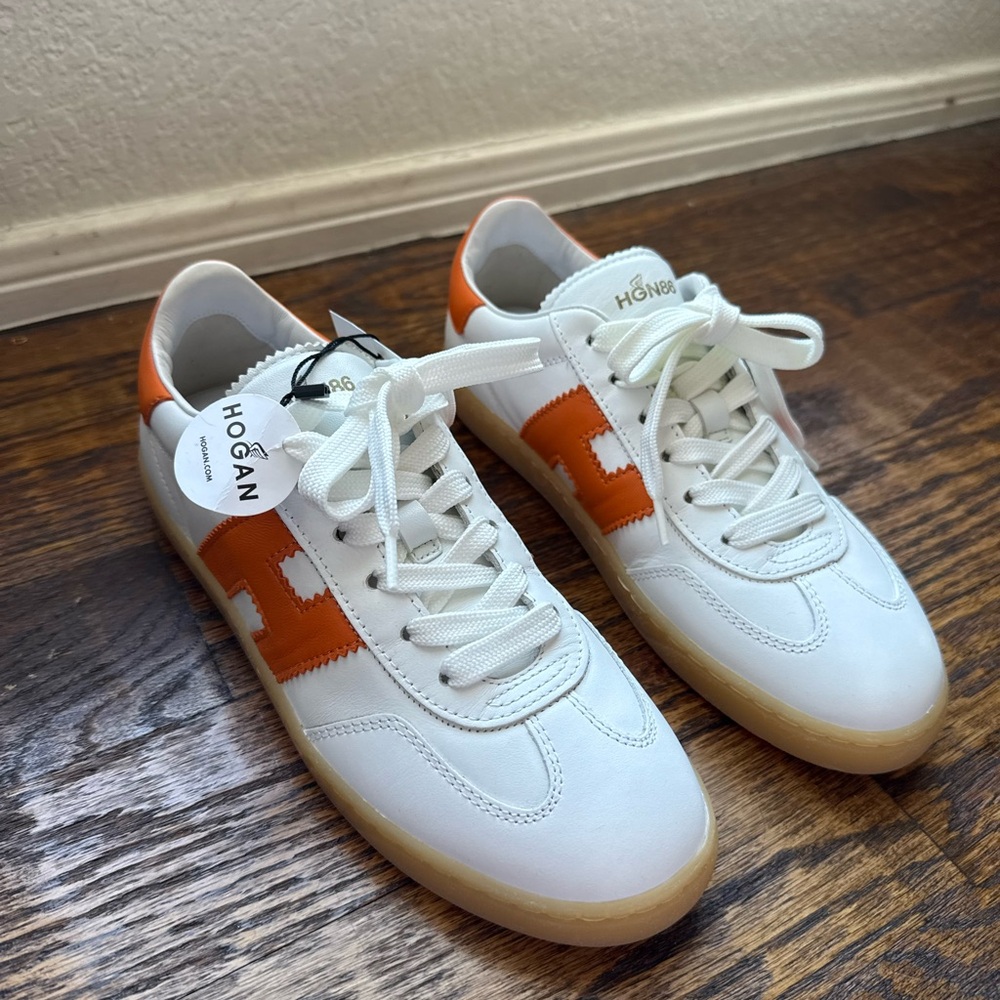 Hogan White Leather Sneakers with Orange Side Stripes NWT | Hermes look